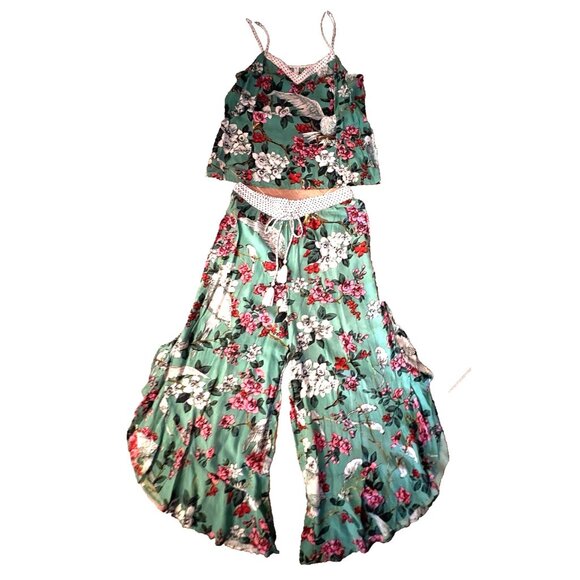 2 Pc Anthropologie Sz M Layla Sleep Cami Top Pants Ruffle Floral Birds Dot Green - Picture 1 of 16